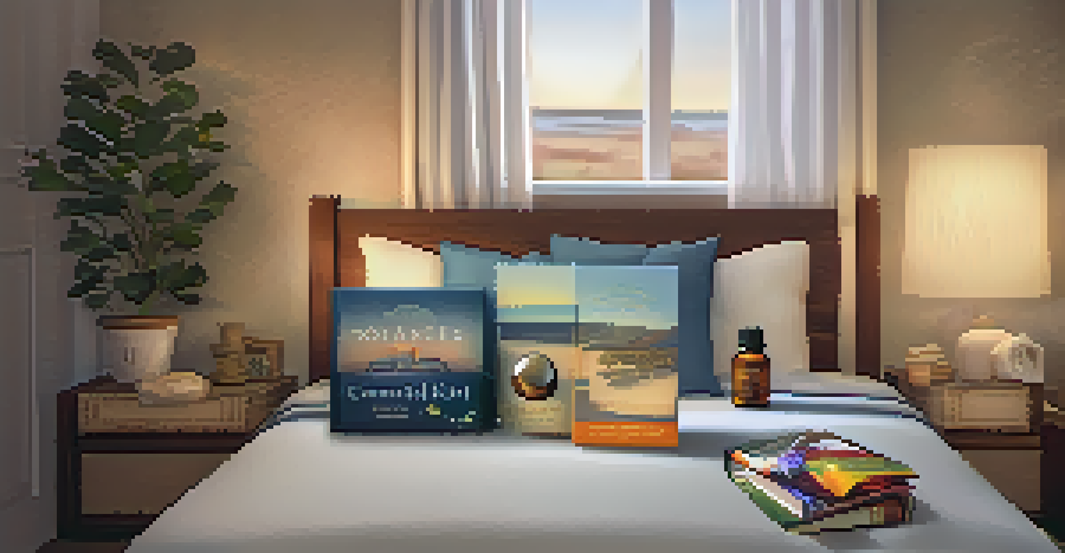 A cozy travel comfort kit on a bed, including essential oils, a book, and snacks, with soft lighting and travel-themed decor.