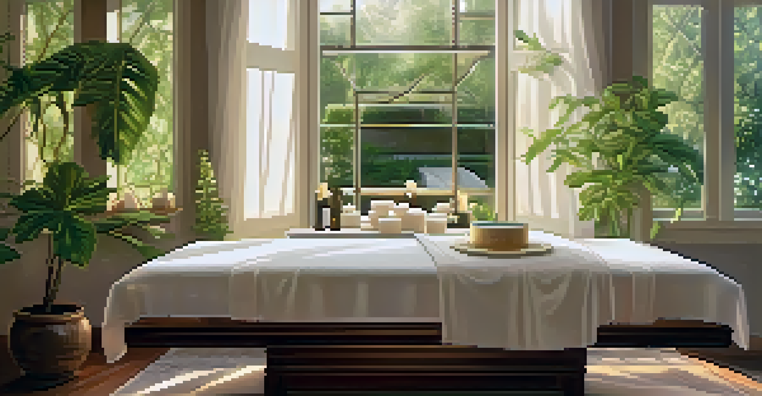 A peaceful spa room featuring a massage table, candles, and plants, with sunlight streaming in.