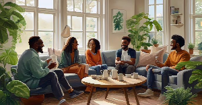 A diverse group of people having a supportive conversation in a cozy room, surrounded by plants and natural light.