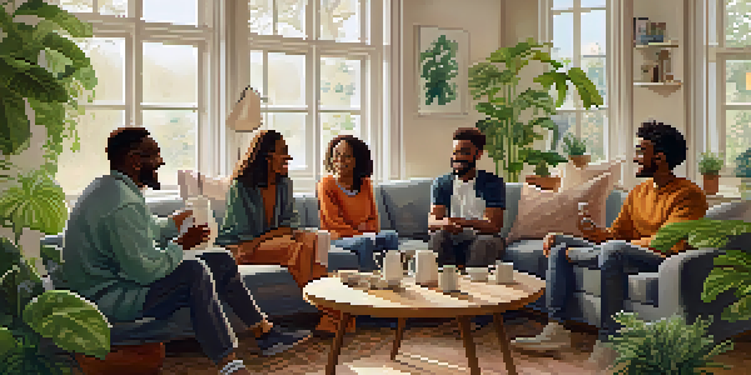 A diverse group of people having a supportive conversation in a cozy room, surrounded by plants and natural light.