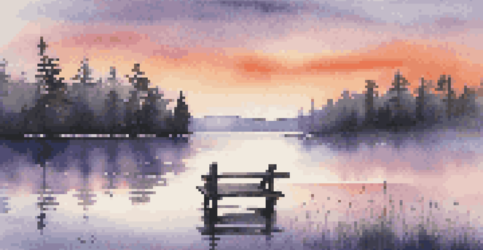 A peaceful sunrise over a calm lake with colorful reflections and a silhouette of trees.