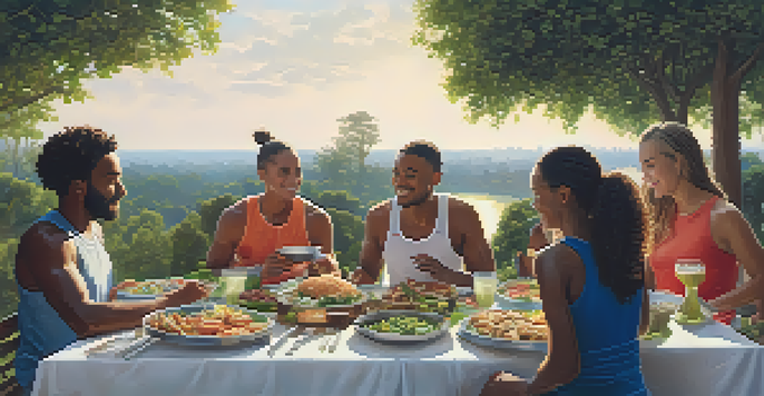 A group of athletes sharing a meal outdoors with a variety of global dishes on a table, surrounded by nature in the evening light.