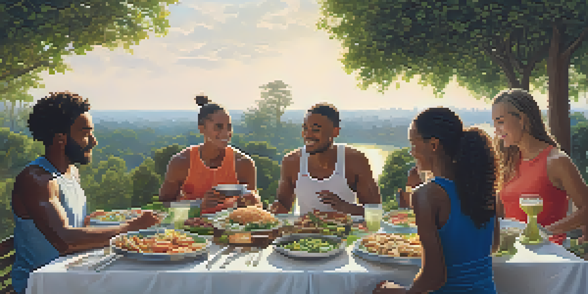 A group of athletes sharing a meal outdoors with a variety of global dishes on a table, surrounded by nature in the evening light.