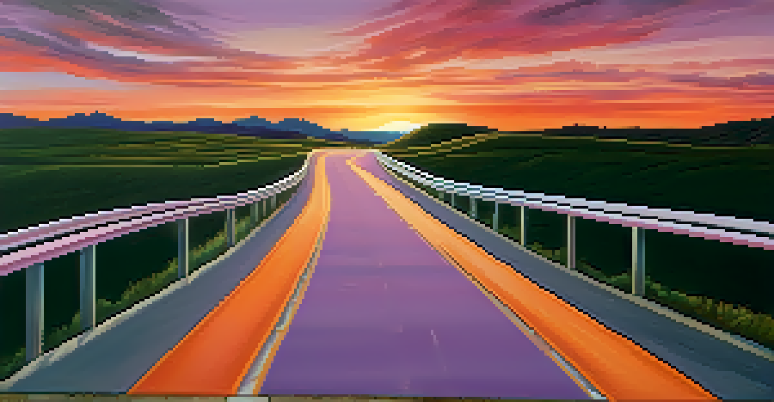A winding road at sunset with guardrails, showcasing vibrant colors of orange, pink, and purple.