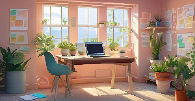 A bright workspace with a laptop showing a recovery app, surrounded by motivational quotes and indoor plants in soft morning light.