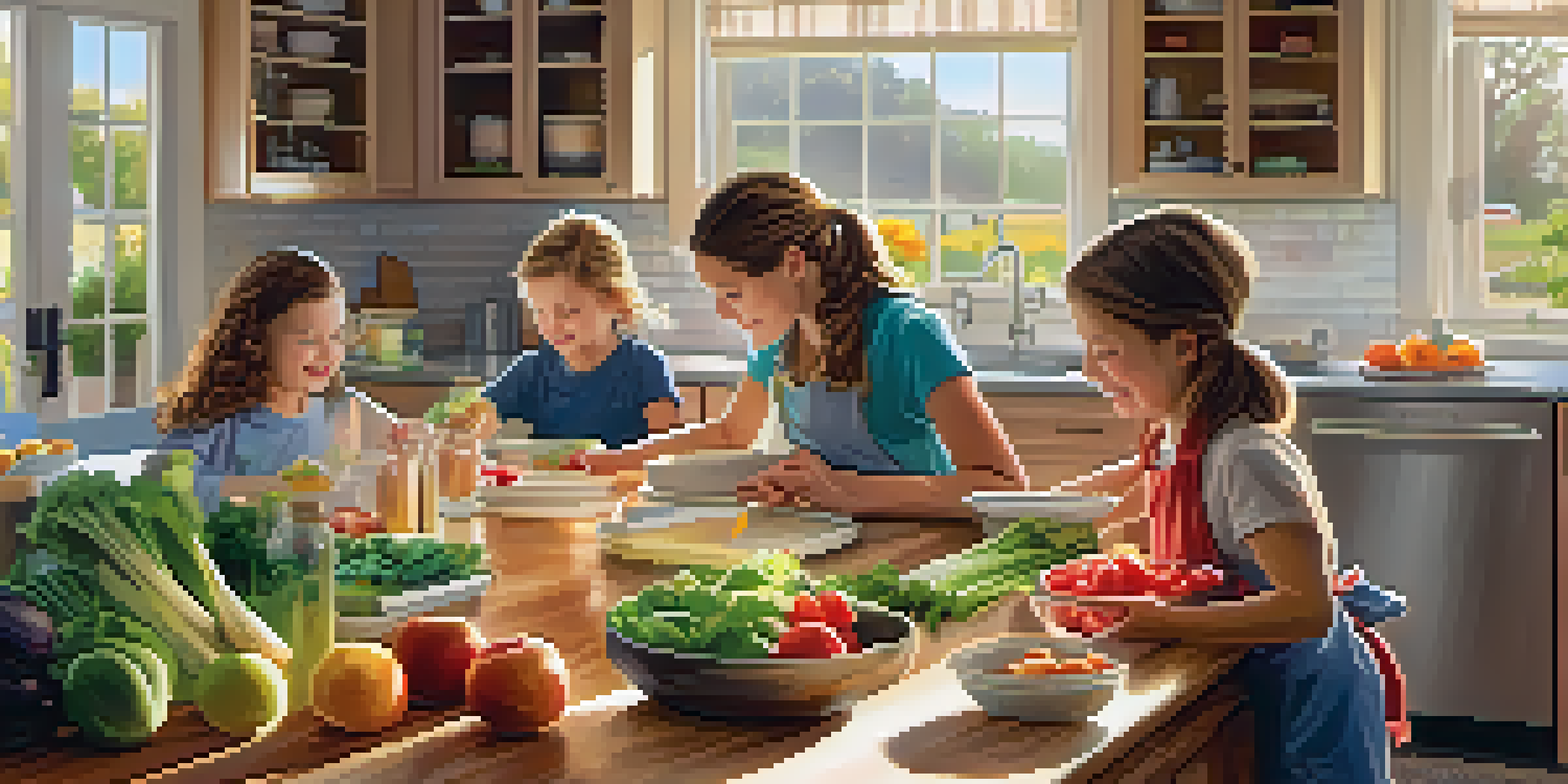 A family happily preparing allergen-free meals in a bright kitchen, with fresh ingredients and labeled jars.