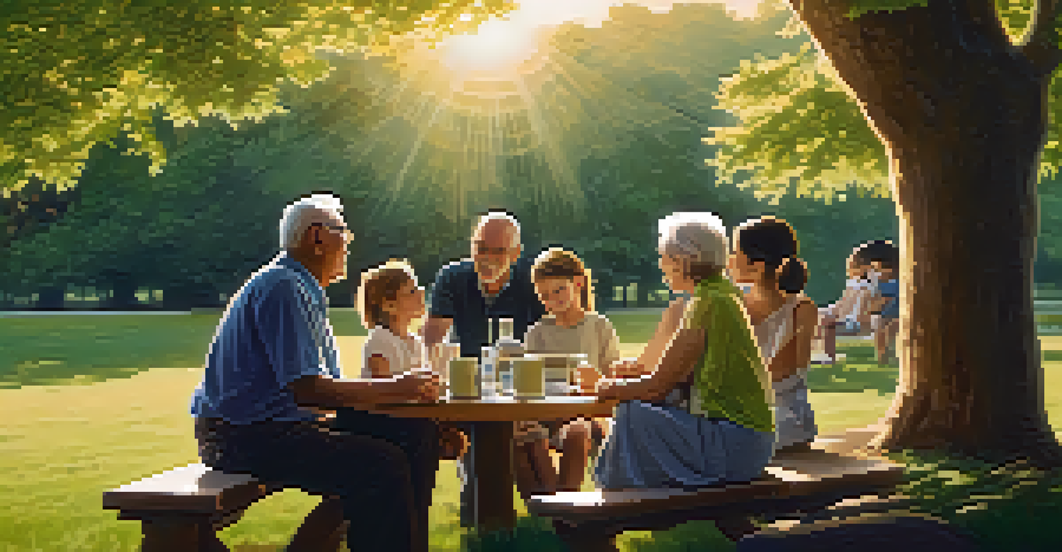 An elderly person giving health advice to their adult children in a park during sunset, surrounded by nature.
