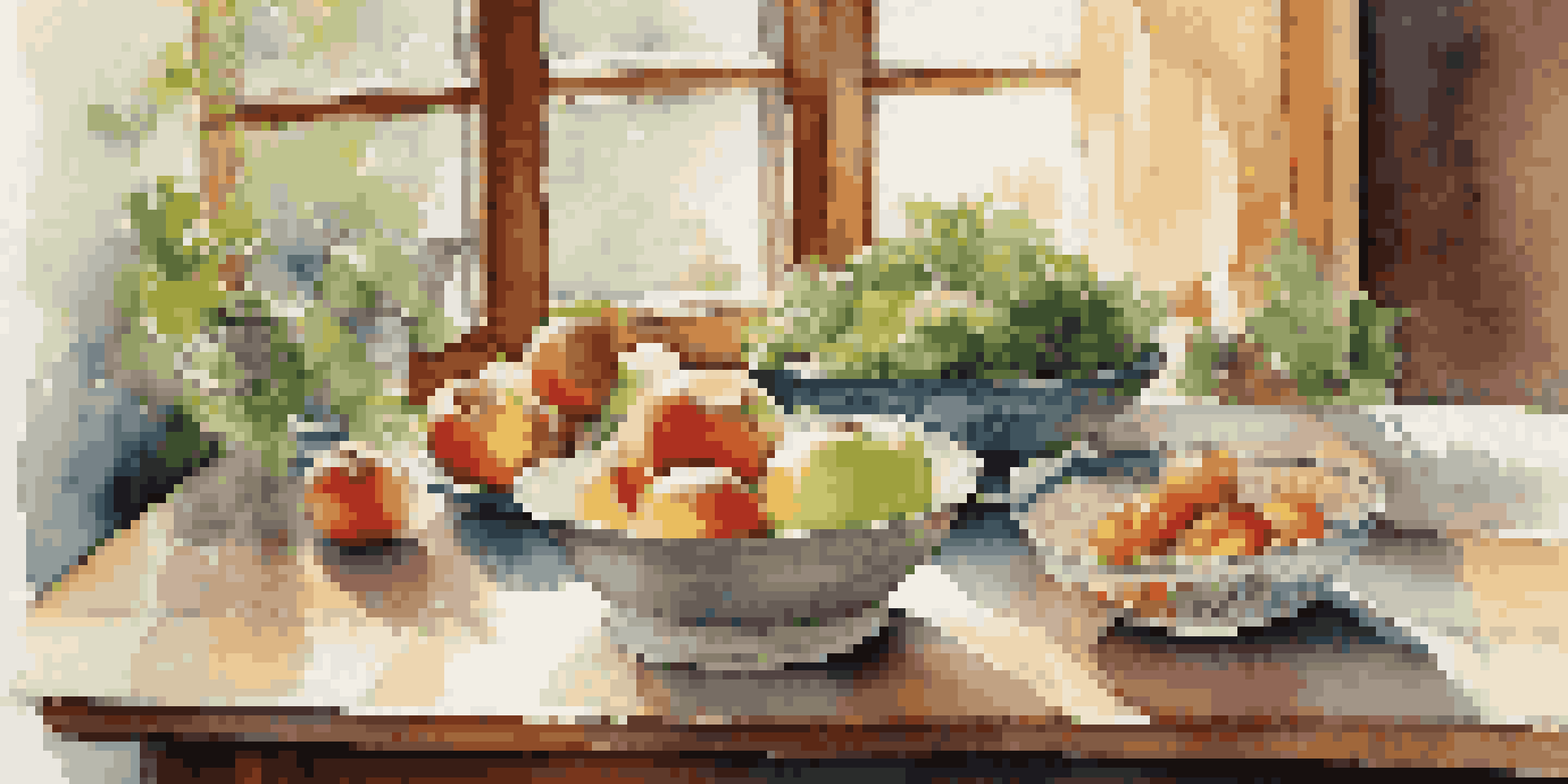 A beautifully arranged dining table with fresh fruits and vegetables, illuminated by soft natural light, encouraging a peaceful eating experience.