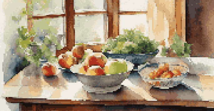 A beautifully arranged dining table with fresh fruits and vegetables, illuminated by soft natural light, encouraging a peaceful eating experience.