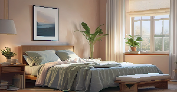 A cozy bedroom with a neatly made bed, warm lighting, and soft curtains fluttering by an open window.