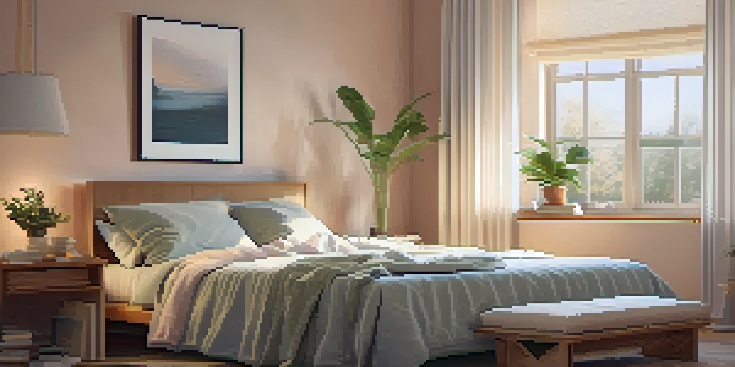 A cozy bedroom with a neatly made bed, warm lighting, and soft curtains fluttering by an open window.