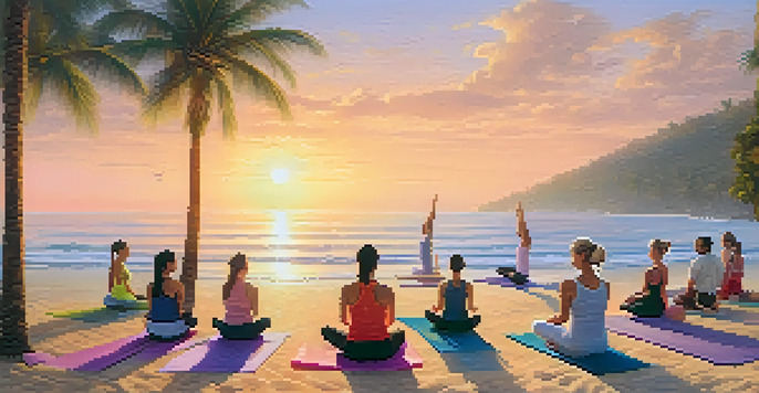 A group of people practicing yoga on the beach at sunrise, surrounded by palm trees and calm ocean waves.