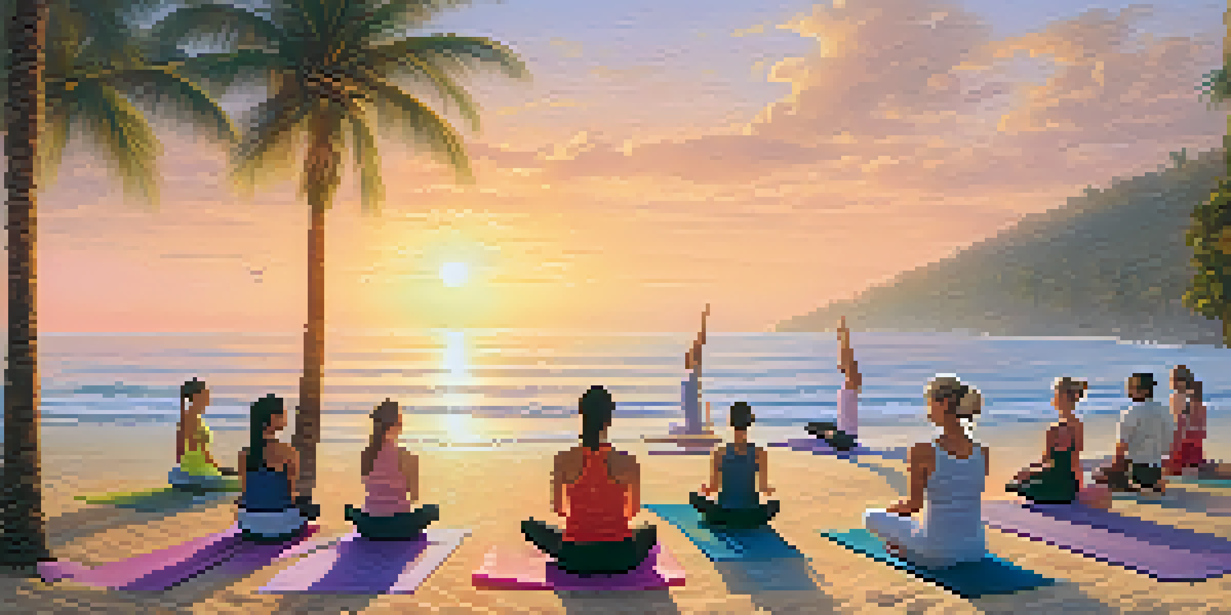 A group of people practicing yoga on the beach at sunrise, surrounded by palm trees and calm ocean waves.