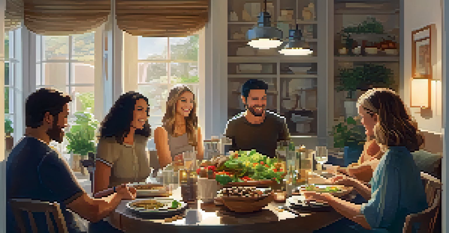 A cozy dining area with friends sharing a meal, featuring dishes catering to different dietary needs in a warm, inviting atmosphere.
