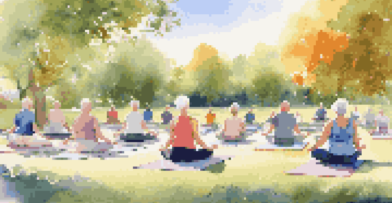 Seniors practicing yoga in a tranquil park setting under a clear blue sky, creating a serene environment.