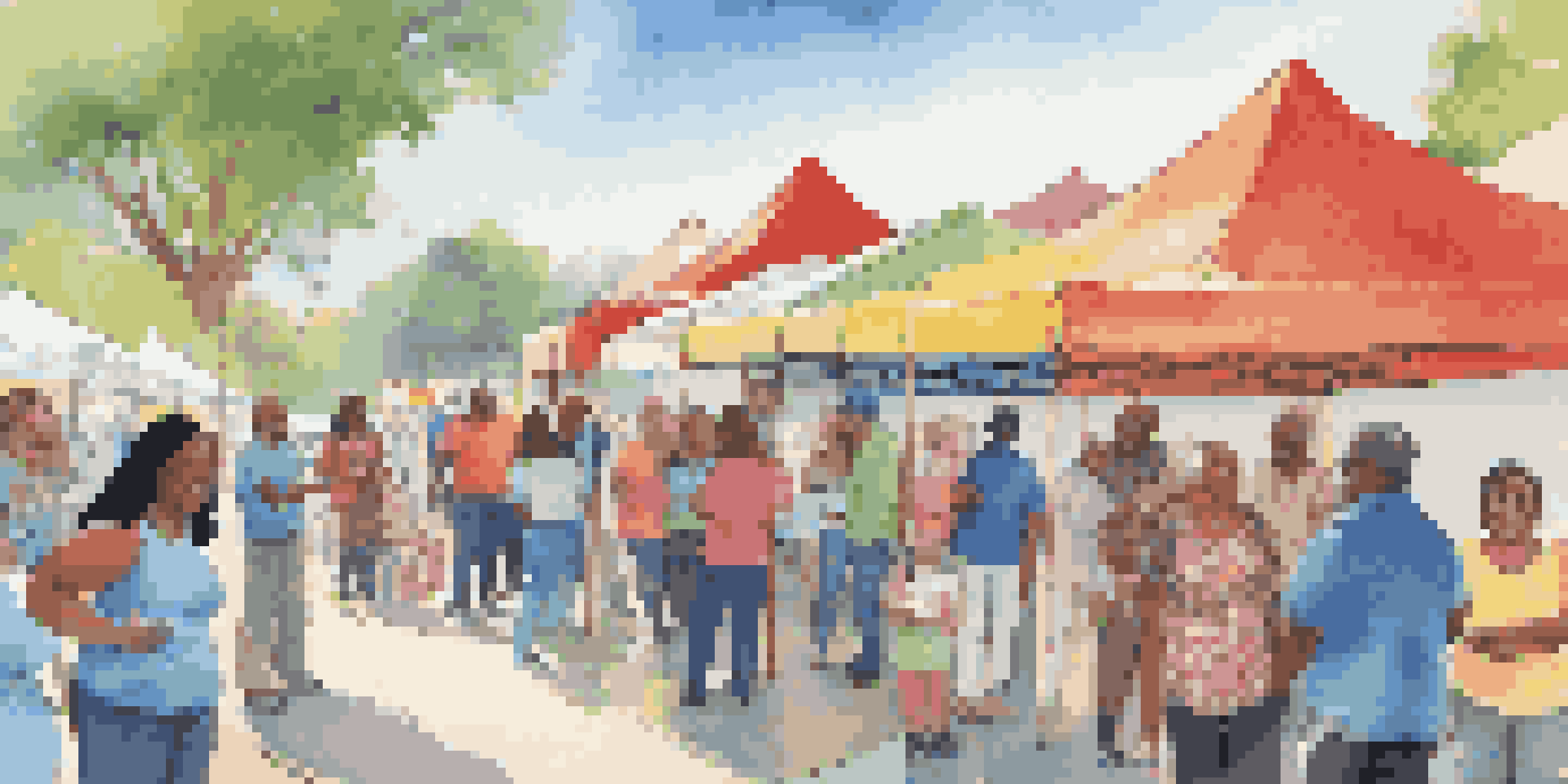 A lively community health fair featuring diverse individuals discussing vaccination with healthcare professionals, surrounded by colorful booths and banners.