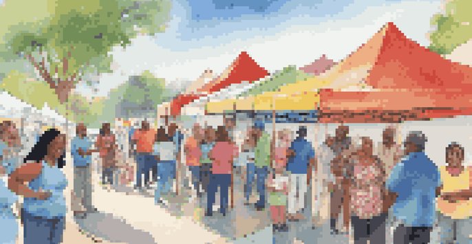 A lively community health fair featuring diverse individuals discussing vaccination with healthcare professionals, surrounded by colorful booths and banners.