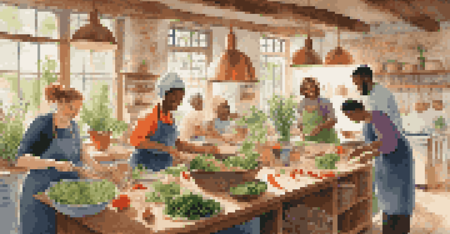 A group of people in a kitchen participating in a seasonal cooking workshop.
