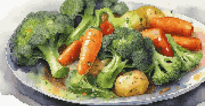 A colorful plate of steamed vegetables with broccoli, carrots, and bell peppers, garnished with herbs and drizzled with olive oil.