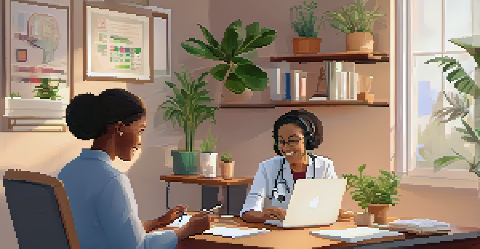 A home office scene featuring a video call between a healthcare professional and an employee, emphasizing the convenience of telemedicine.