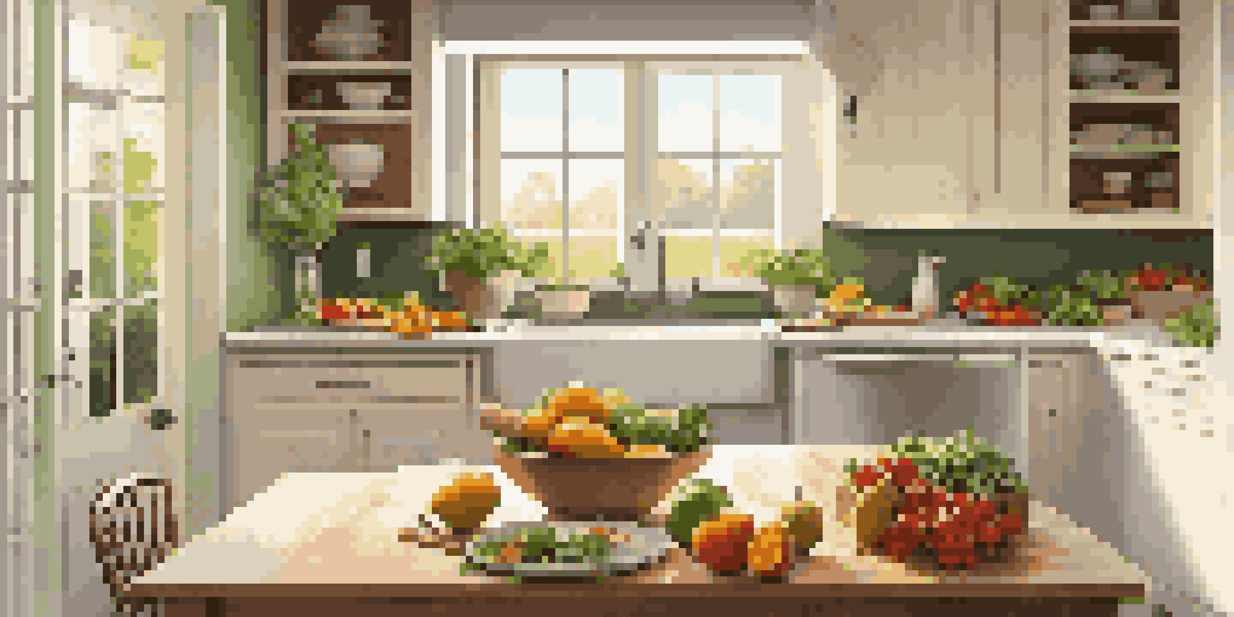 A bright kitchen filled with fresh fruits and vegetables, emphasizing healthy cooking and meal preparation.