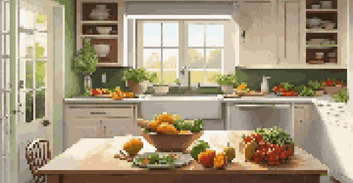 A bright kitchen filled with fresh fruits and vegetables, emphasizing healthy cooking and meal preparation.