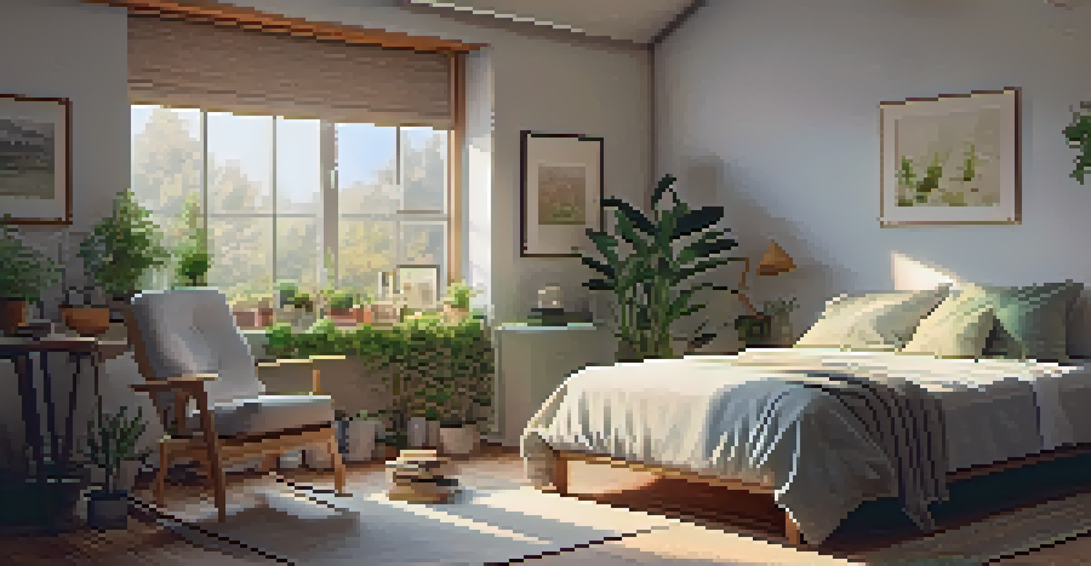 A woman reading a book in a cozy bedroom with soft lighting, surrounded by blankets and a cup of tea, depicting relaxation.