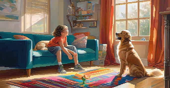 A child joyfully petting a golden retriever in a cozy living room filled with natural light.