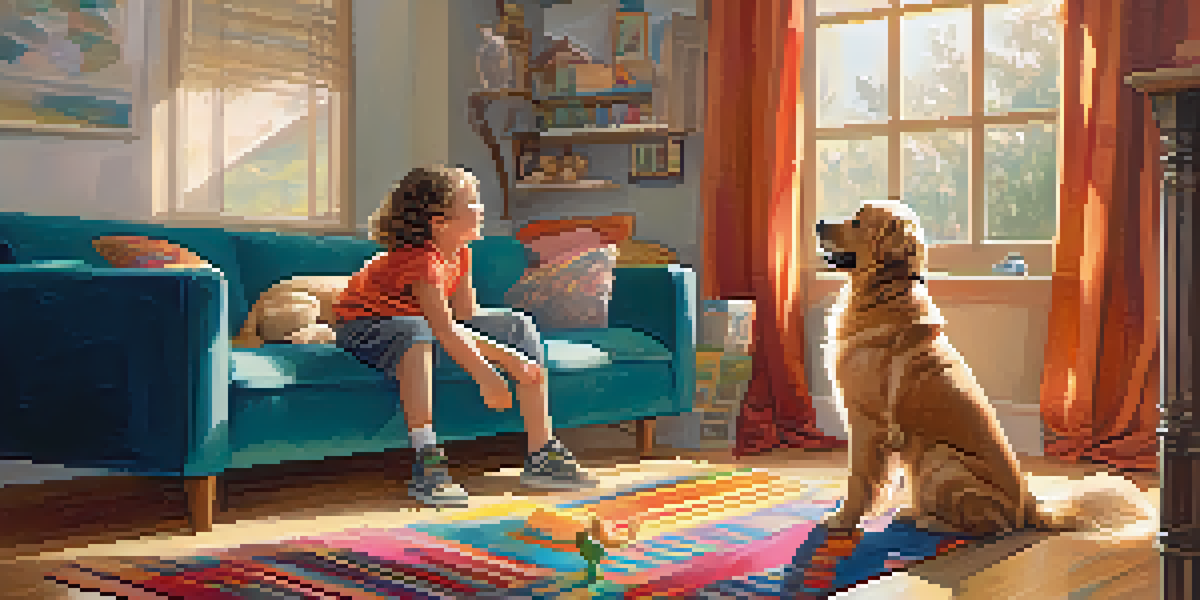 A child joyfully petting a golden retriever in a cozy living room filled with natural light.