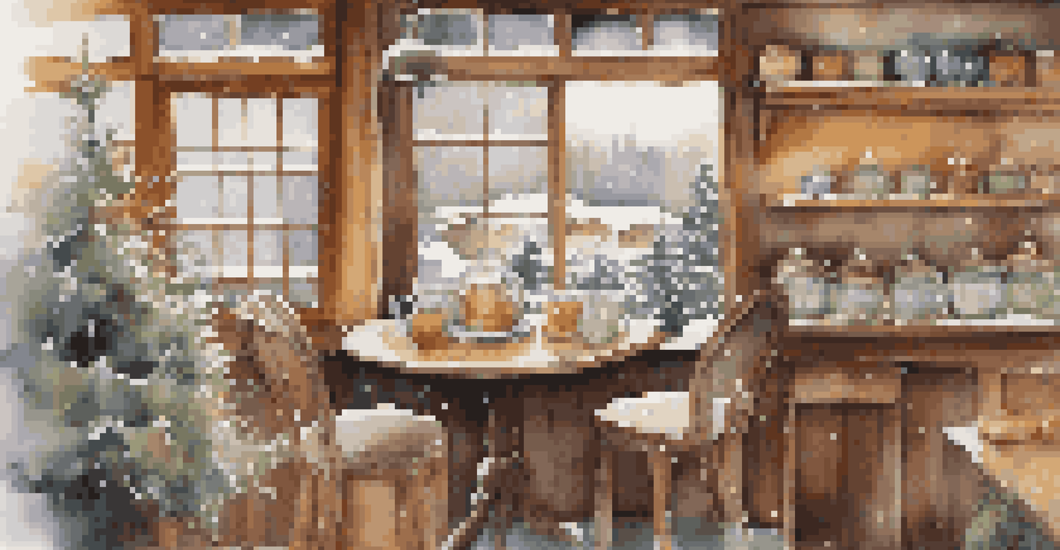A cozy café interior with a table featuring herbal tea and nutritious snacks, with snow falling outside the window.