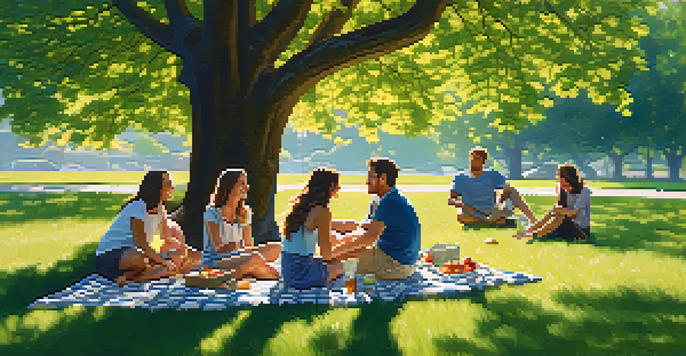 A group of friends having a picnic under a tree, sharing snacks and enjoying each other's company.