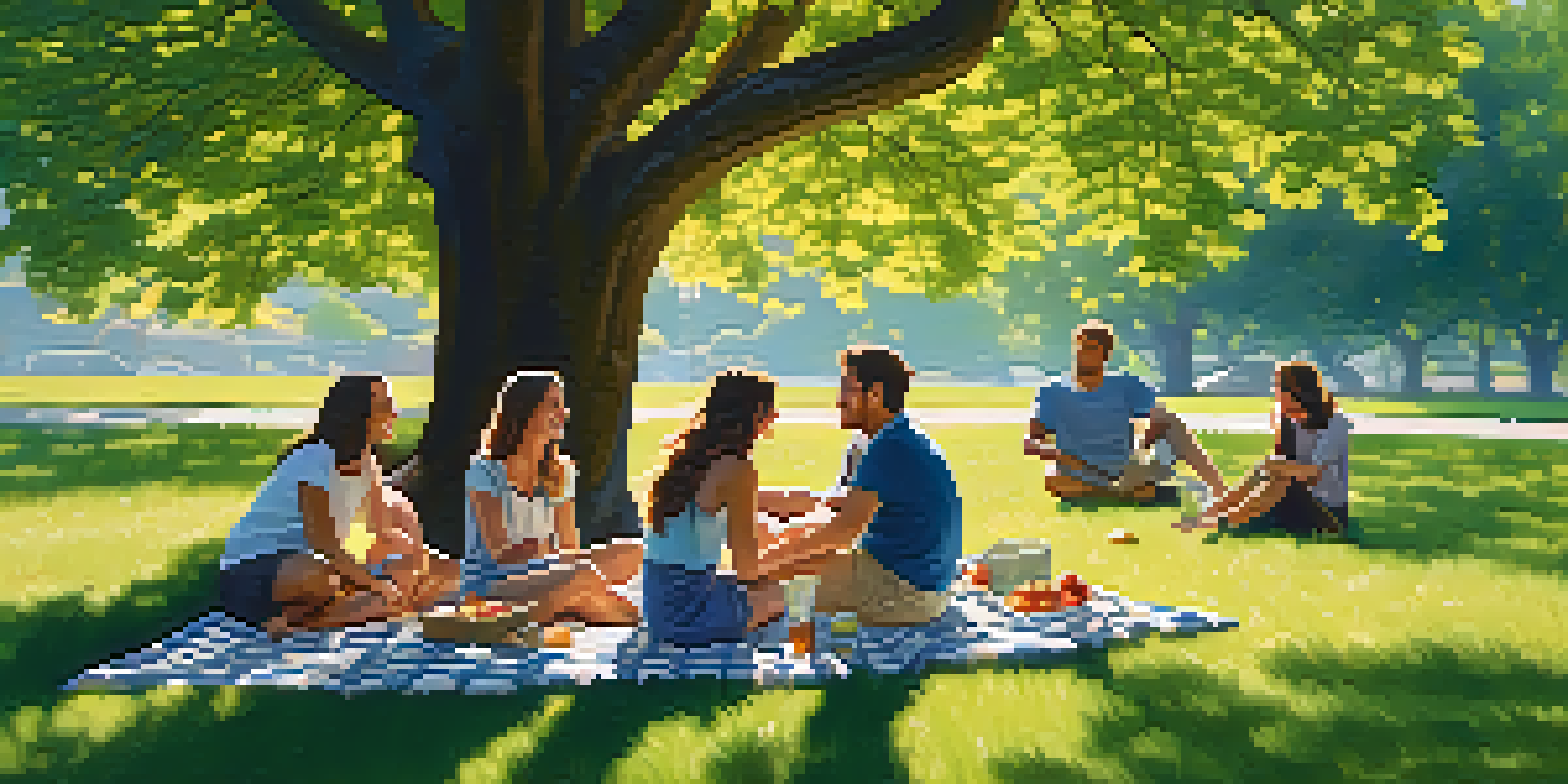 A group of friends having a picnic under a tree, sharing snacks and enjoying each other's company.