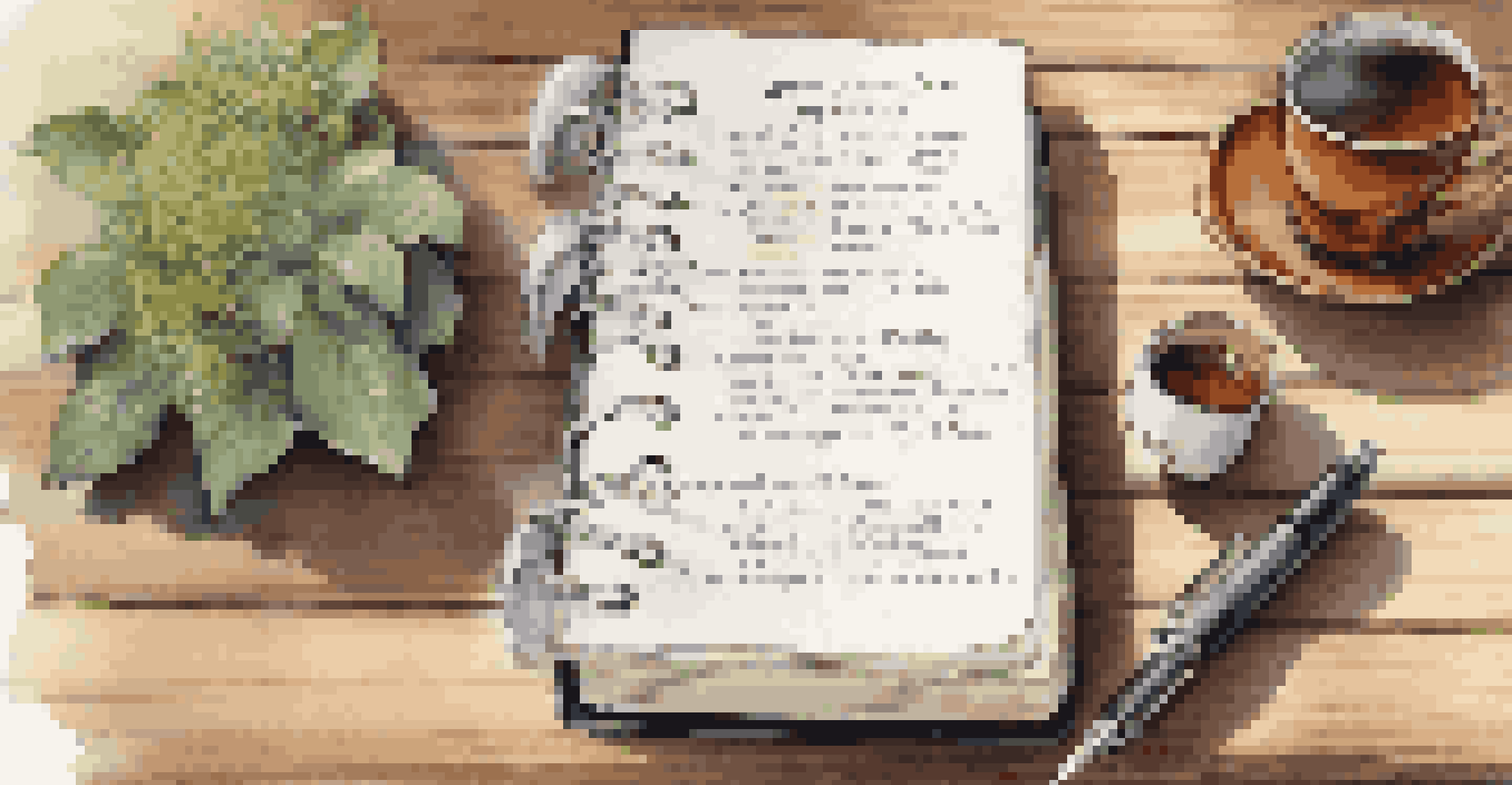 A close-up of a walking journal with a cup of tea and walking shoes, illuminated by sunlight.
