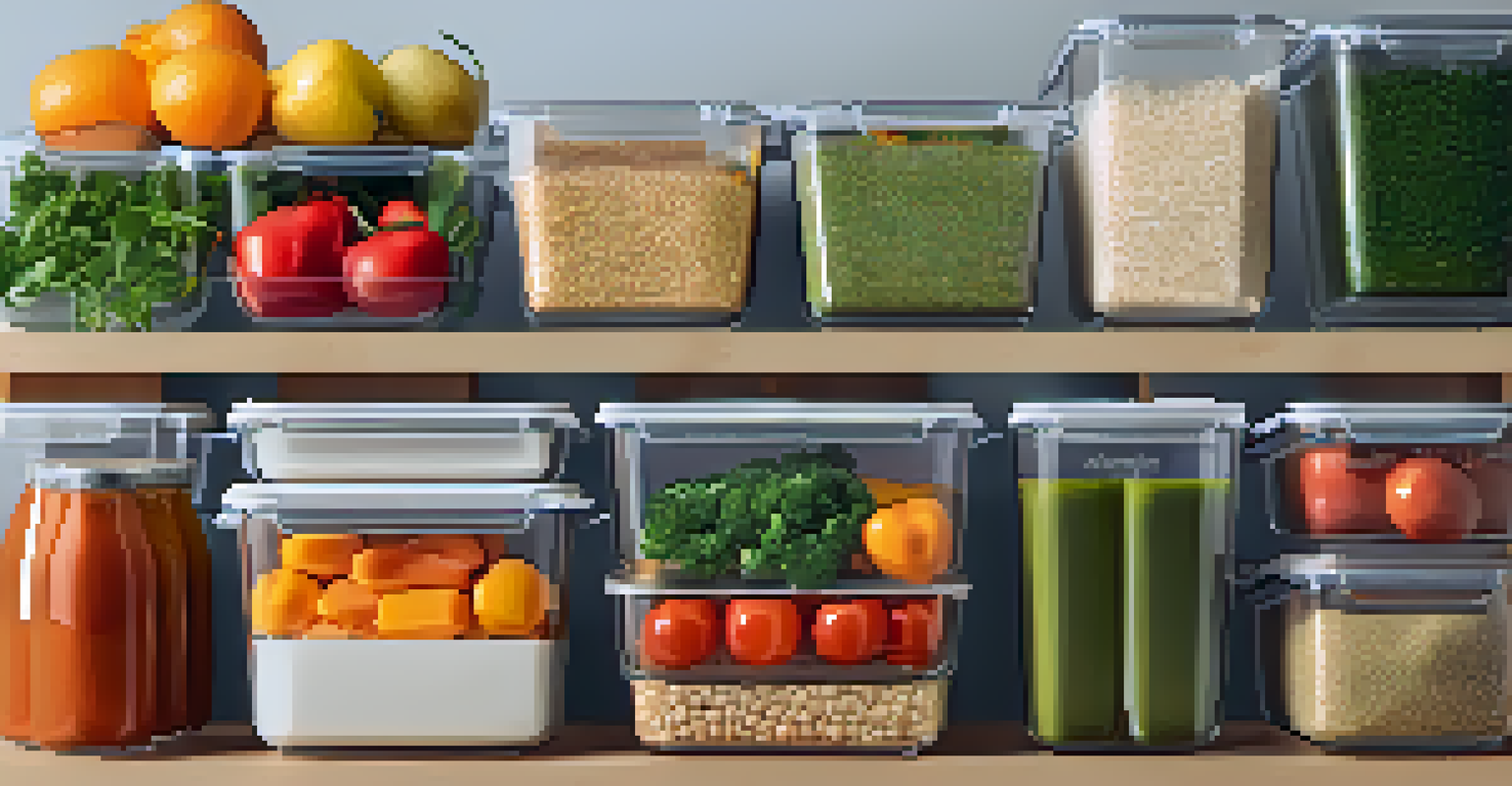 A close-up of meal prep containers with colorful, healthy meals organized on a countertop.