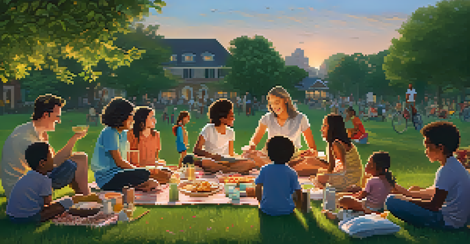 A diverse group of families enjoying a communal meal in a park during sunset, with children playing and flowers blooming around them.