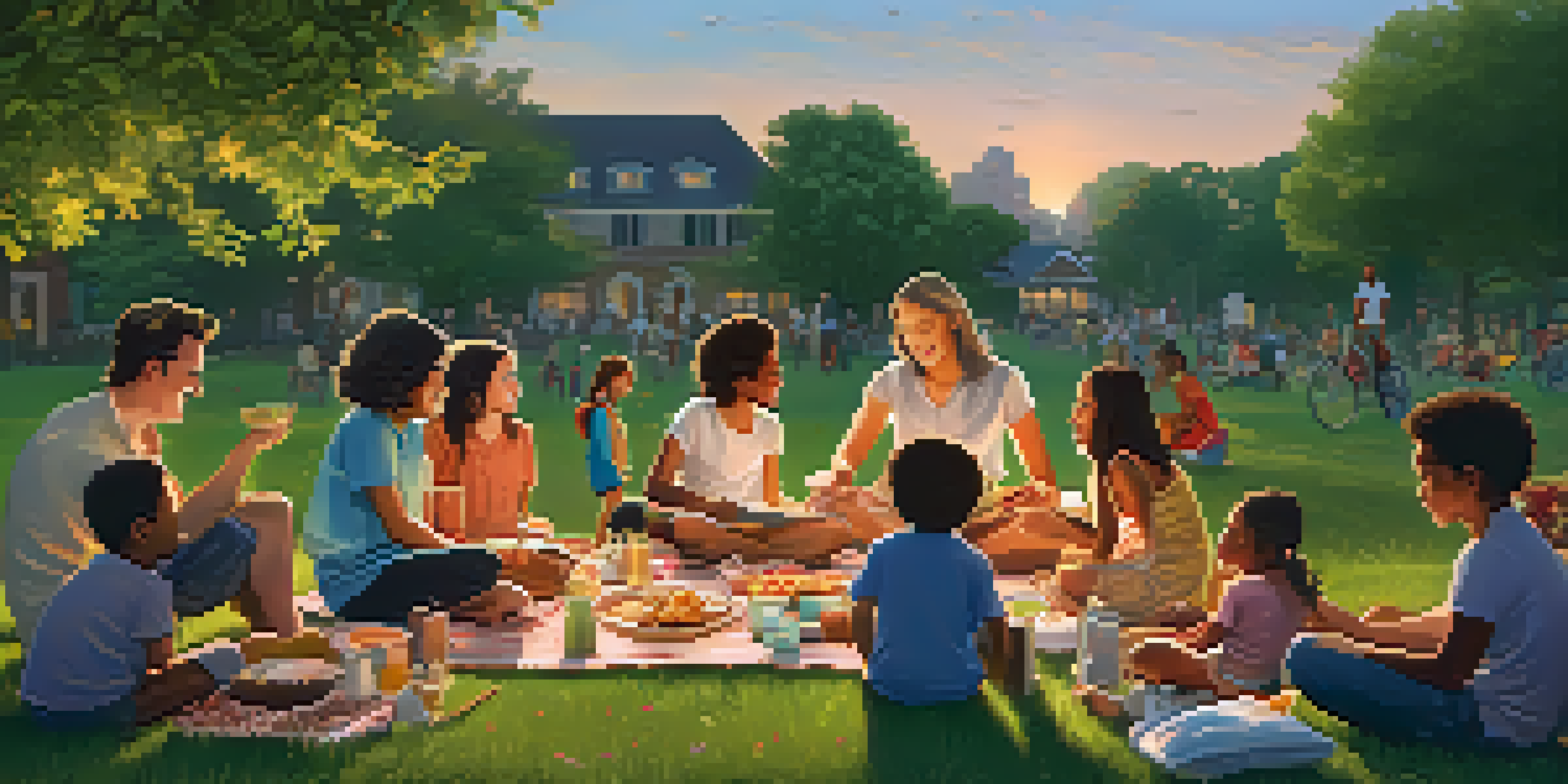 A diverse group of families enjoying a communal meal in a park during sunset, with children playing and flowers blooming around them.