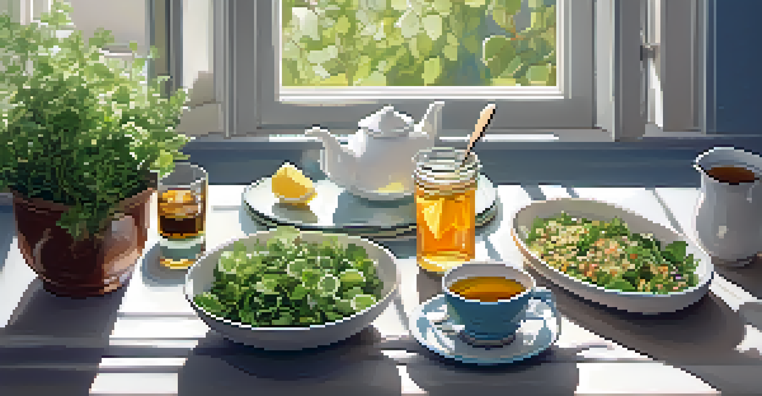 An overhead view of a dining table featuring a bowl of herbal tea with lemon and mint, and a colorful salad, in warm sunlight.