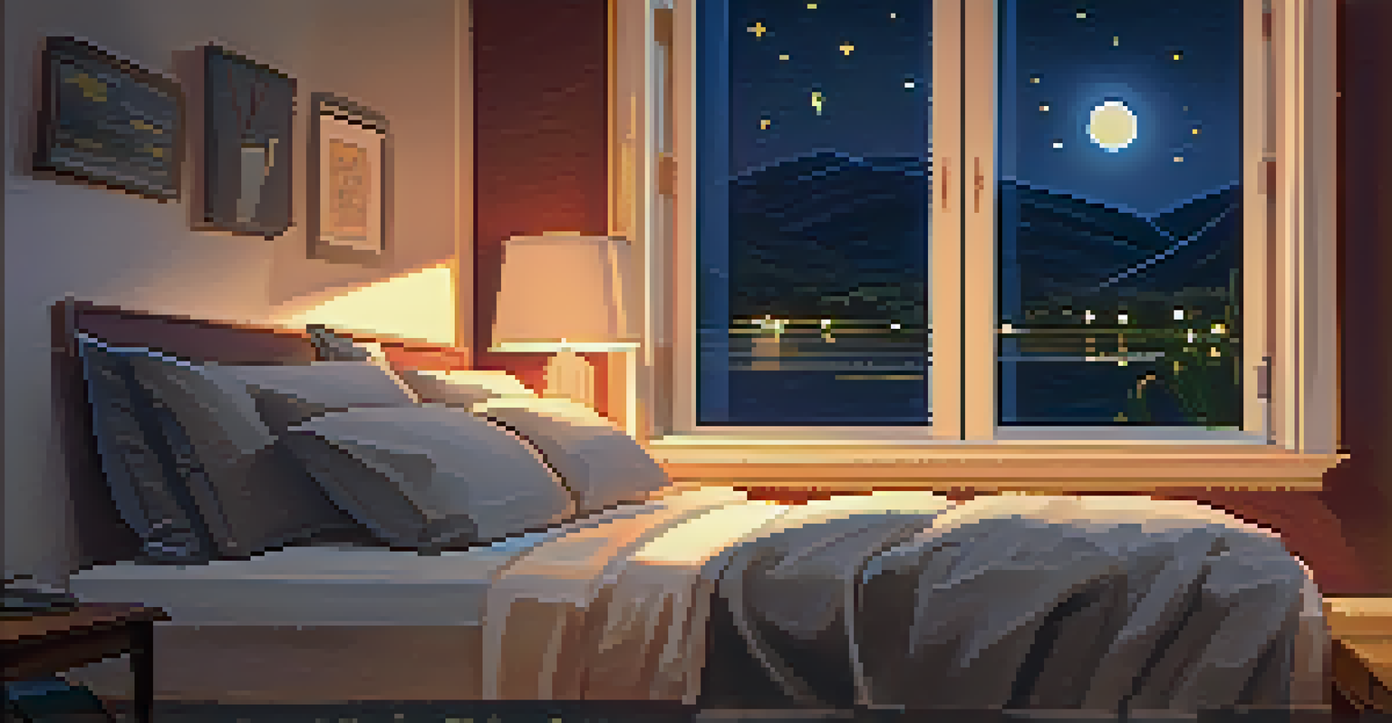 A cozy bedroom with a neatly made bed, a bedside lamp, and an open sleep diary, creating a tranquil nighttime atmosphere.