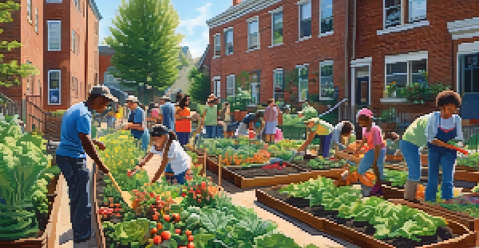 A lively community garden where people of different ages are gardening together, surrounded by colorful plants and flowers under sunlight.