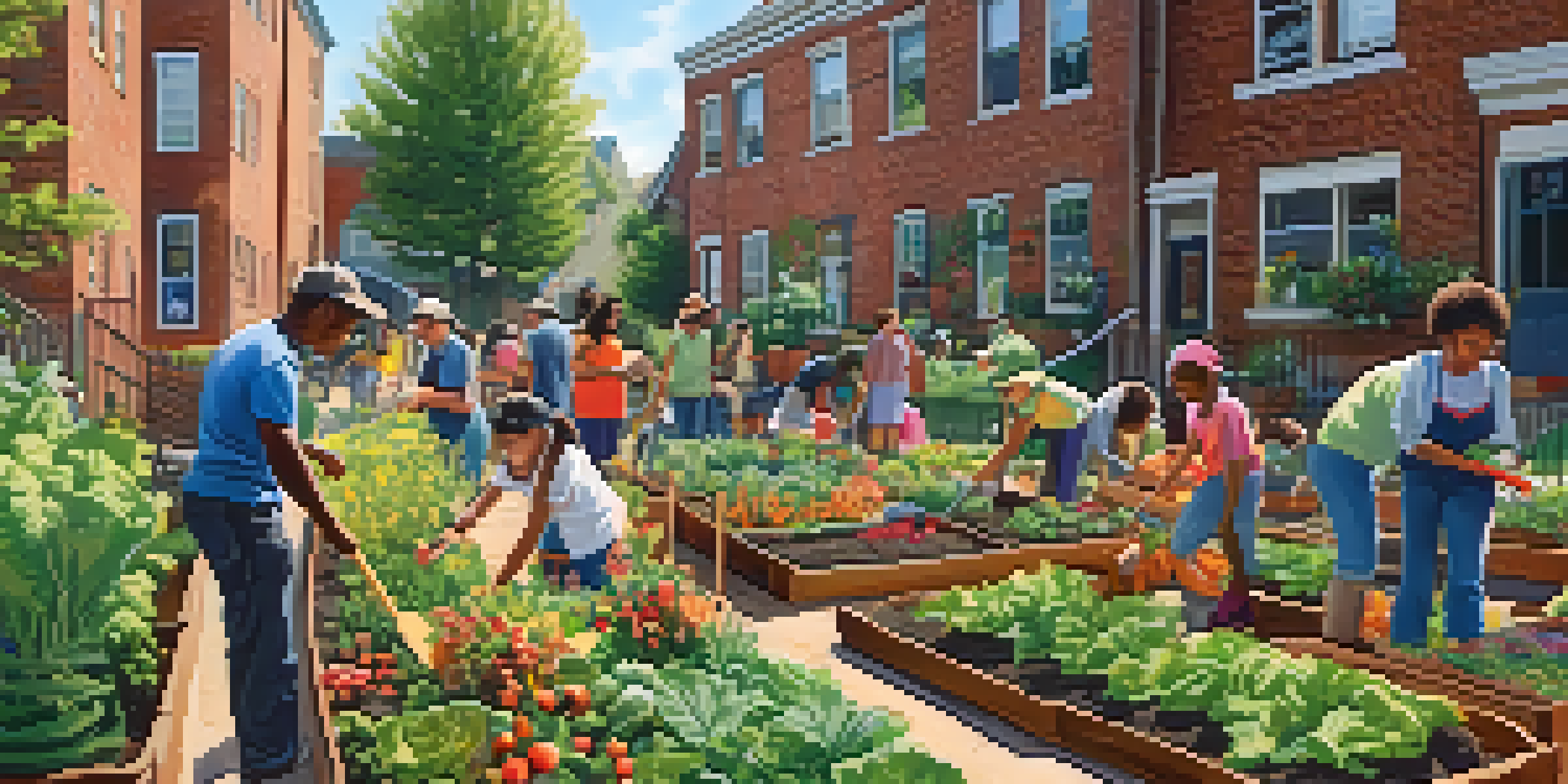 A lively community garden where people of different ages are gardening together, surrounded by colorful plants and flowers under sunlight.