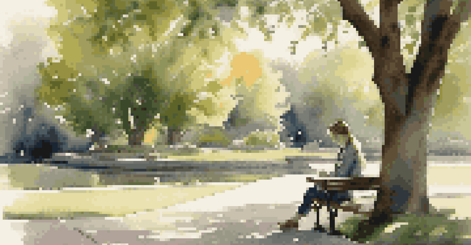 A woman sitting on a bench in a tranquil park, looking thoughtfully at her notebook with trees and a pond in the background.