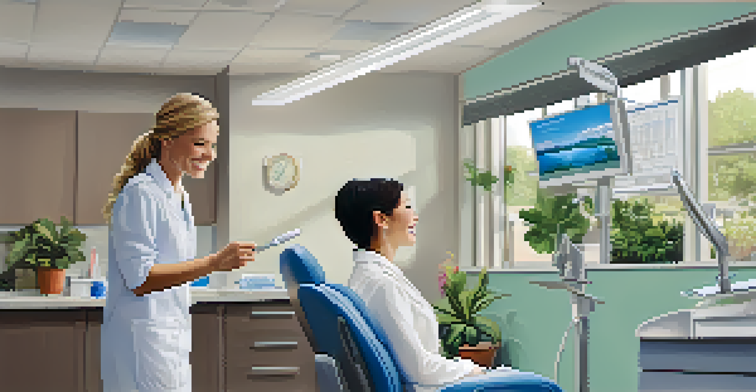 A dental hygienist talking to a patient in a bright dental office, with dental tools and a gum health chart visible.