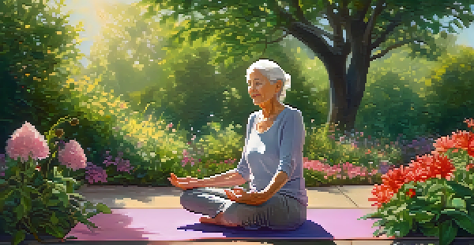 An elderly woman stretches on a yoga mat in a bright park surrounded by flowers and greenery.