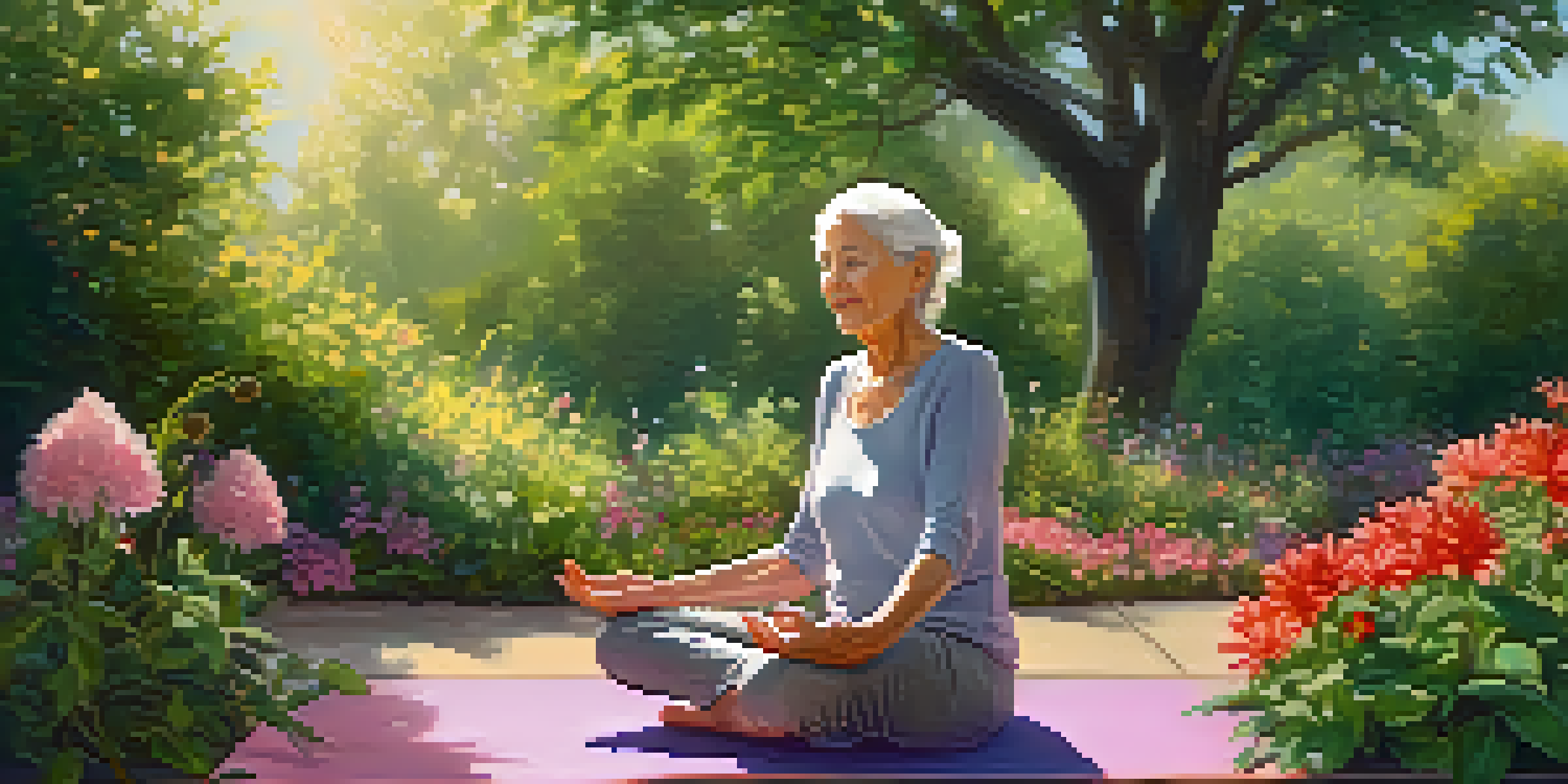 An elderly woman stretches on a yoga mat in a bright park surrounded by flowers and greenery.