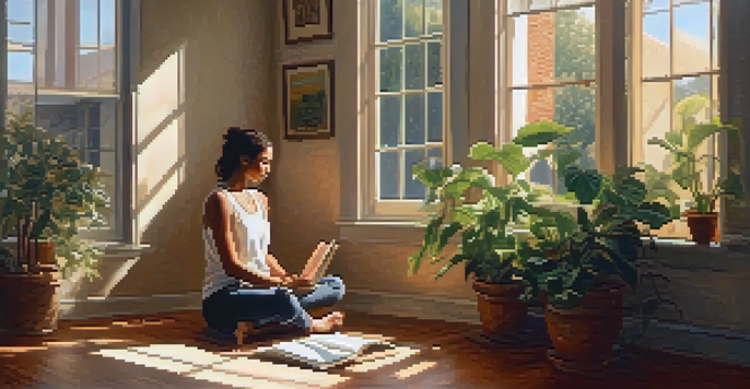 A woman in a sunlit room, journaling with a thoughtful expression, surrounded by plants.