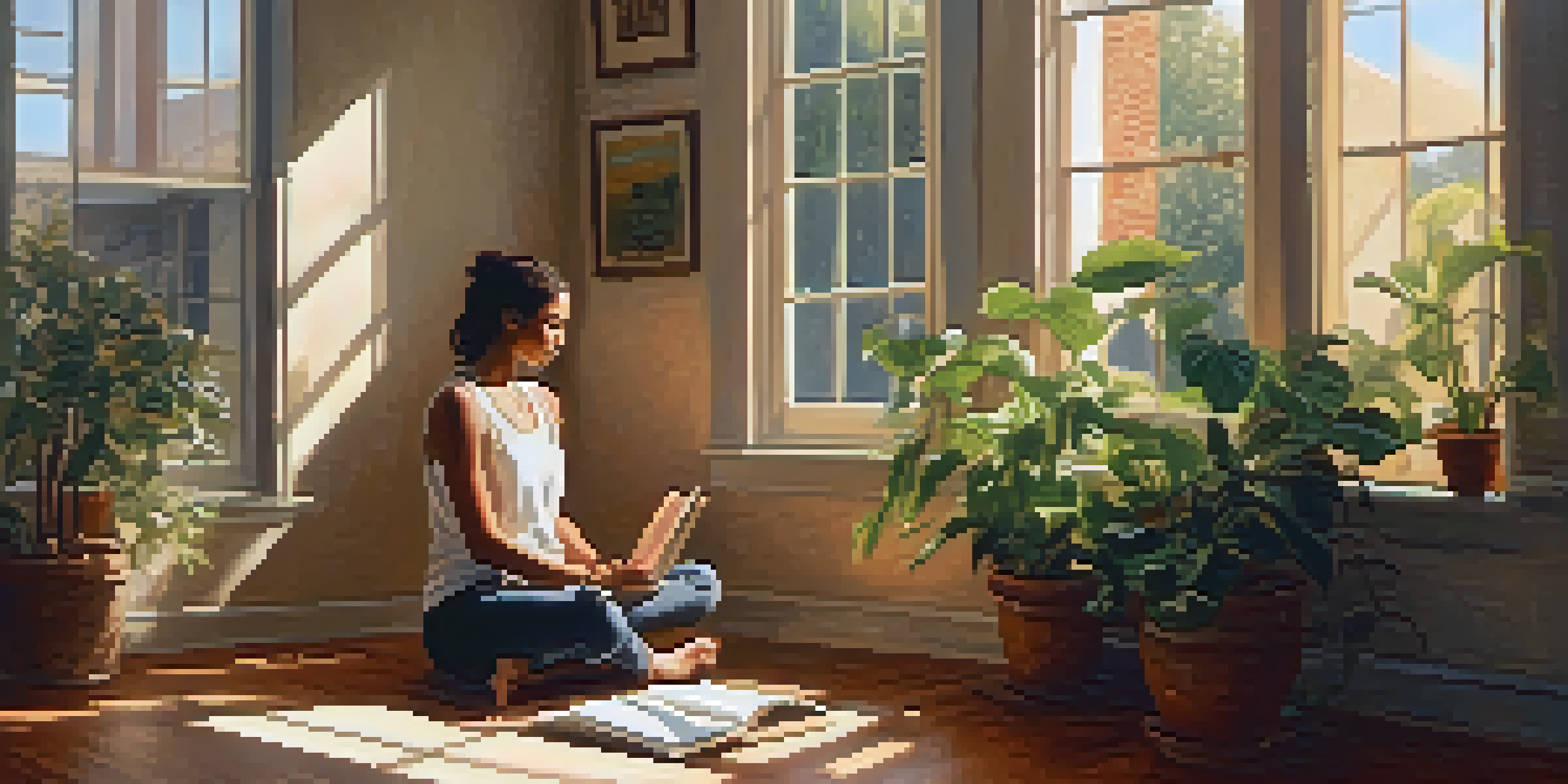 A woman in a sunlit room, journaling with a thoughtful expression, surrounded by plants.