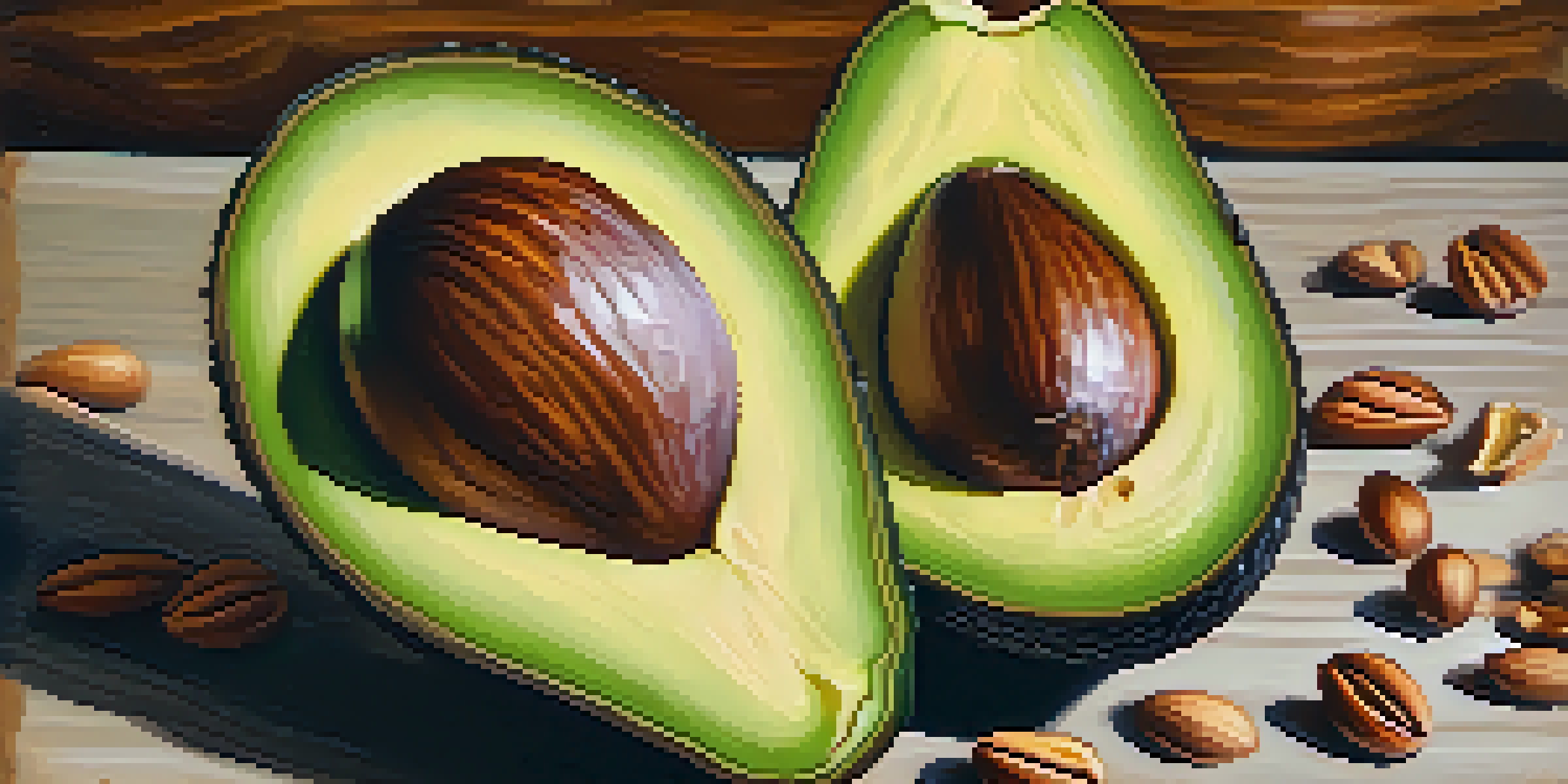 Close-up of a halved avocado on a wooden table, surrounded by nuts and seeds, with natural lighting.