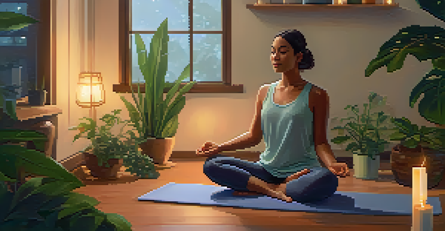 A person practicing relaxation techniques on a yoga mat in a softly lit room filled with candles and plants, exuding a sense of tranquility.