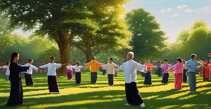 A diverse group of people practicing Tai Chi in a tranquil park, with a sunrise and blooming flowers.