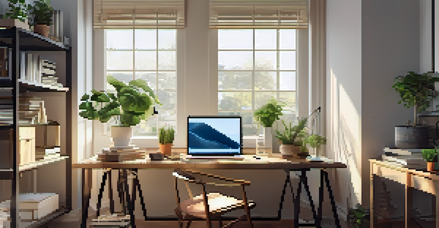 A tidy and bright workspace with minimal distractions, featuring a desk, laptop, and a plant, ideal for enhancing focus.